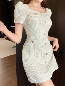 DAZY Square Neck Textured Button Decor Women Short Dress