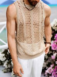 Manfinity Fever City Men's Vacation Casual Solid Color Sleeveless Hollow Out Knit Top - Apricot - View 6