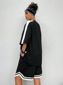 Coolane 女士街头服饰嘻哈摩托印花运动 T 恤和篮球短裤套装，2 件 - 黑色 - 查看 2