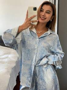 Livesso 2 件套女士豹纹宽松长袖衬衫和阔腿裤套装，适合春夏、秋季度假休闲装 - 藍色 - 查看 8