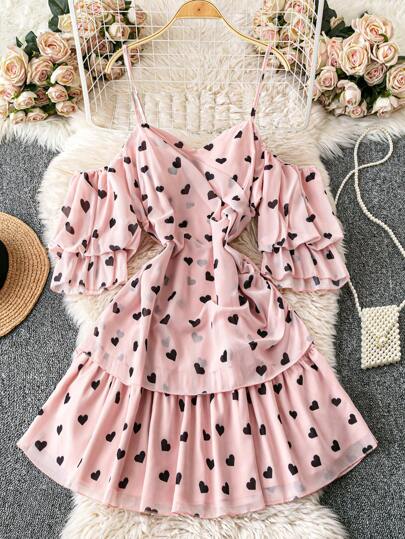SHEIN Clasi Plus Size Women Boho Heart Mesh Panel Cold Shoulder Dress Valentine Love Party Dress, For Summer