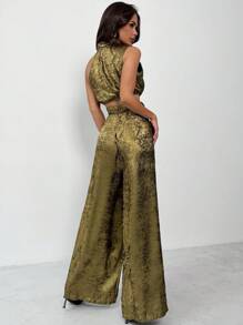 SHEIN Privé Set de 2 piezas con top sin mangas de cuello alto con lentejuelas doradas y pantalones de pierna ancha, atuendo lujoso para ir al trabajo o de vacaciones, ideal para el Día de San Valentín - Dorado - Ver 8
