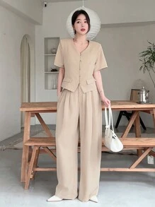 DAZY 2 件套春季休闲优雅都市风格短袖上衣和裤子套装，女士，情人节系列 - 卡其色 - 查看 2