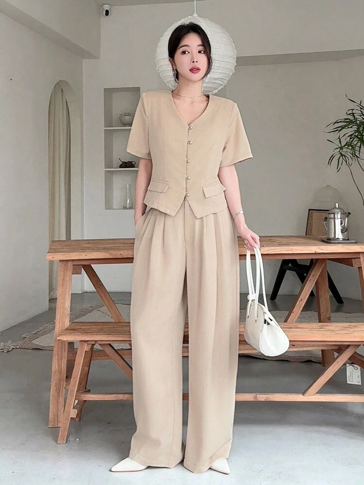 2 Pieces Spring Casual Elegant Urban Style Short Sleeve Top And Pants Set For Women, Valentine's Day Collection