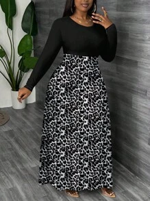 Slaydiva Plus Size Casual Simple Leopard Print Full-Width Dress, Autumn/Winter - Multicolor - View 2