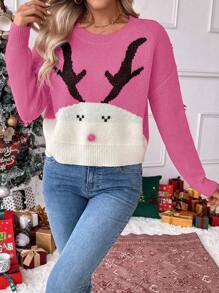 Chiquease Christmas Pattern Round Neck Drop Shoulder Long Sleeve Knit Sweater Knit Pullover Fall Winter Sweater - Multicolor - View 7