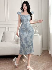 xheDAZY Vestido de mujer de longitud media con cuello cuadrado y mangas de campana, vestido de fiesta, vestido de verano, ropa de vuelta al colegio con estampado floralxhe - Azul - View 6