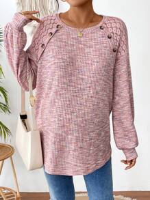SHEIN Maternity Lace Splice Raglan Sleeve Casual T-Shirt - Pink - View 3