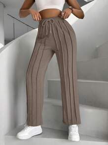 Zolique Women's Solid Color Waist Tie Pocket Toothpick Pattern Design Casual Sweatpants - Khaki - View 6
