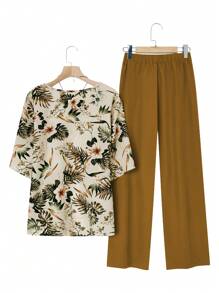EMERY ROSE 2 件套女士热带植物印花圆领短袖休闲上衣和裤子 - 彩色 - 查看 2