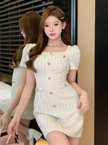 DAZY Square Neck Textured Button Decor Women Short Dress