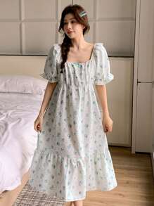 DAZY 甜美碎花蝴蝶结装饰荷叶边泡泡袖睡袍睡衣 - 杏色 - 查看 3