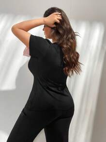 SHEIN Privé Plus Size Elegant Contrast Bow Decor T-Shirt - Black - View 2