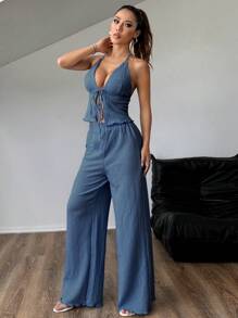 Chiquease Conjunto sexi de mujer con camiseta de halter con textura y pliegues, y pantalones anchos de pierna ancha