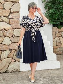 EMERY ROSE Plus Size Casual Commuter Floral Print Patchwork Batwing Sleeve Dress, Wiosenne Stroje Dla Kobiet, Tropikalne Wakacje Kobieta Na Lato