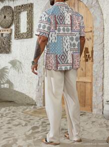ResortEase Plus Size Men's Bohemian Style Short Sleeve Shirt And Pants Set