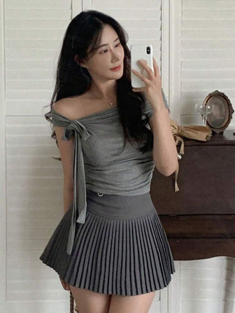 Women's Solid Color Slim Fit Bowknot Sleeveless T-Shirt, Spring/Summer,Off Shoulder Top