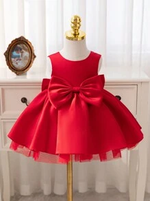Glamorique Kids Váy công chúa vải tuyn cho bé gái dự tiệc Giáng sinh, váy hoa cưới màu trắng thanh lịch với nơ lớn đính cườm thủ công, váy công chúa cho tiệc sinh nhật - Màu Đỏ Sâu - Xem 2