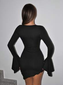 SHEIN ICON 纯色蕾丝拼布长袖连衣裙，简约时尚休闲日常穿着夏季春季狂欢节复活节 - 黑色 - 查看 2