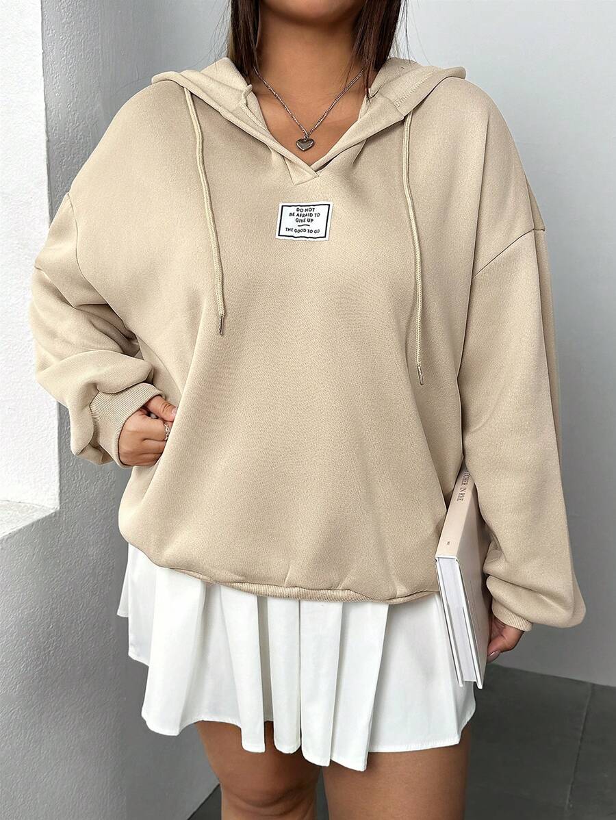 INAWLY 大尺碼女士字母拼接下垂肩束腰連帽衛衣