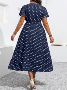 Elenzga Robe d'été casual à manches courtes volantées, col en V chevauchant, à pois, pour femmes grande taille