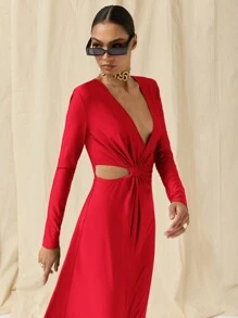 COSMINA Đầm thanh lịch hở vai cổ chữ V sâu tay dài cho nữ - Đỏ - Xem 4