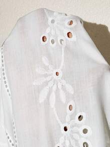 SHEIN Clasi Elegant Women's White Three-Dimensional Embroidered V-Neck Shoulder Repair Blouse, Suitable For Various Occasions, Spring And Summer Blouse - White - View 7