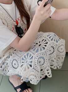 DAZY 女士蕾丝中长款背心式长款罩衫假日花朵夏季度假海滩 - 杏色 - 查看 8