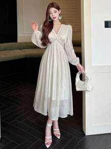 DAZY 春季新款情人节收腰太阳裙缪斯裙，派对风格女士舞会礼服优雅秋季长袖连衣裙 - 白色 - 查看 1