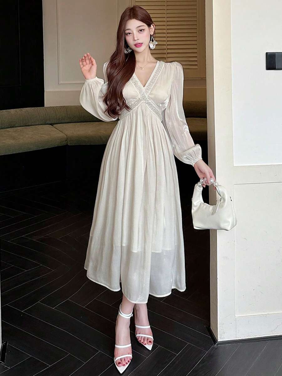 DAZY 春季新款情人节收腰太阳裙缪斯裙，派对风格女士舞会礼服优雅秋季长袖连衣裙 - 白色 - 查看 1