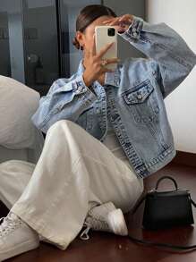 Livesso Women's Short Embroidered Denim Jacket - Light Wash - View 4