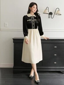 DAZY Elegant Patchwork Contrast Color Ruffle Decor Women Dress, Valentine's Day,Fall Clothes