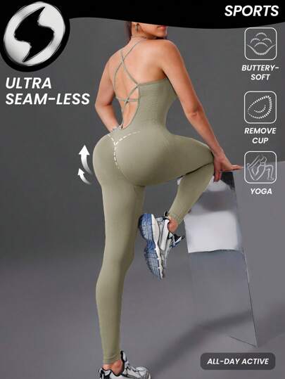 Innovista 1 件纯色露背无袖无缝连体裤，运动风格，女式连体裤，连体裤，收腹提臀连体裤，骑车，跑步，瑜伽，健身