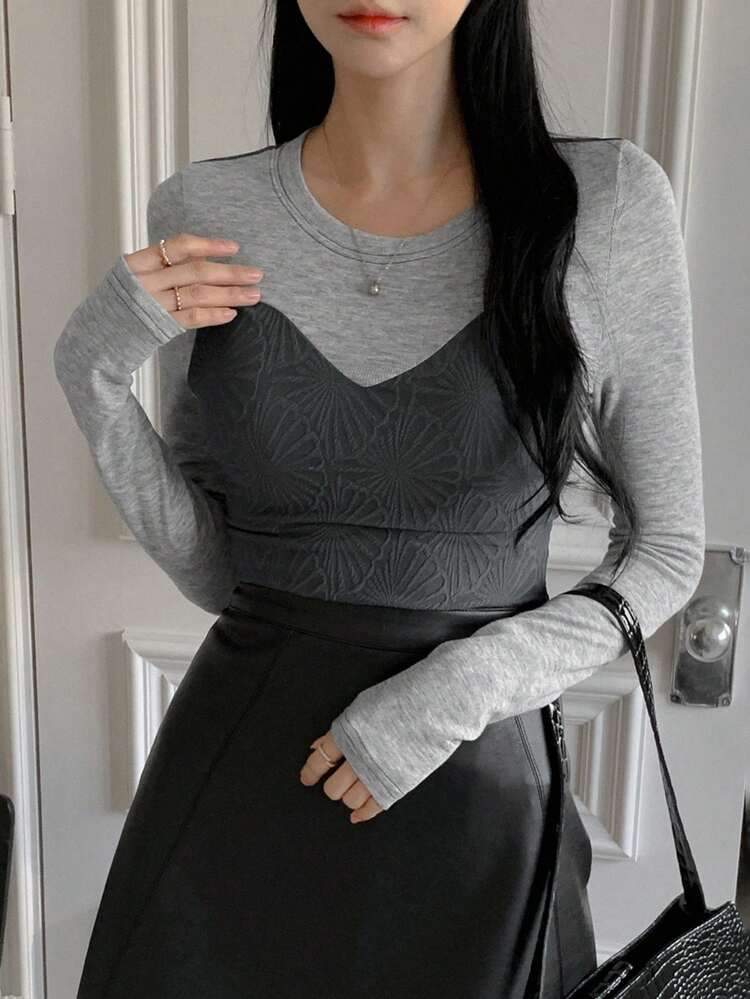 1pc Women Textured Fabric 2 In 1 Colorblock Fitted T-Shirt Long Sleeve Women Tops