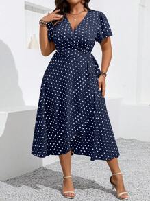 Elenzga Robe d'été casual à manches courtes volantées, col en V chevauchant, à pois, pour femmes grande taille
