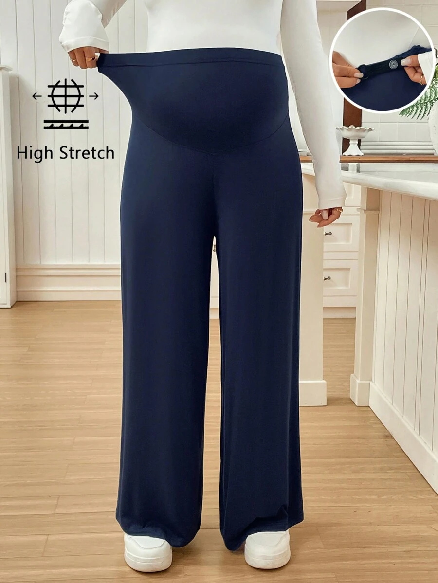 SHEIN 孕妇纯色可调节腰围阔腿裤 - 寶藍色 - 查看 1