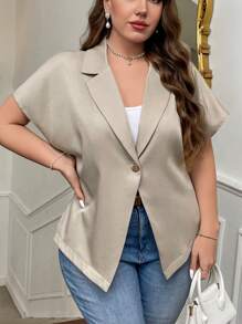 SHEIN Privé Plus Size Women Elegancka prosta jednokolorowa swobodna krótka rękaw dekolt w serek pojedynczy guzik w pasie ściągana talia khaki garniturowa kurtka, odpowiednia na wiosnę, lato i jesień