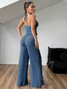 Chiquease Conjunto sexi de mujer con camiseta de halter con textura y pliegues, y pantalones anchos de pierna ancha