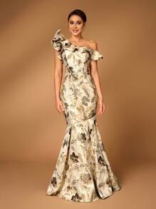 Serin Robe de soirée élégante et superbe en satin jacquard doré à épaule asymétrique avec volants en forme de queue de poisson. Convient pour les événements de mariage, les soirées, les bals de promo, la mère de la mariée. Robe de soirée Top de gamme