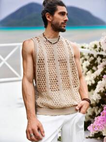 Manfinity Fever City Men's Vacation Casual Solid Color Sleeveless Hollow Out Knit Top - Apricot - View 5