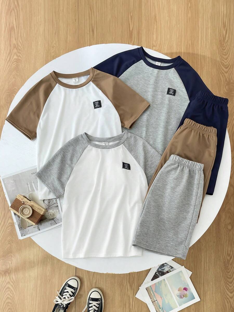 SHEIN Leap Crew Bộ 6 áo phông và quần short cổ tròn tay ngắn phối màu đa năng cho bé trai tuổi teen, thích hợp mặc khi đi làm, đi học, mặc thường ngày, thể thao, mùa xuân/hè - Nhiều màu - Xem 1