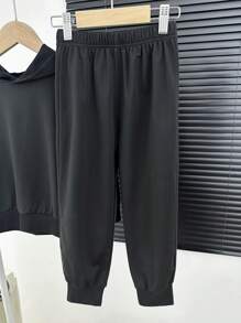 2pcs Set: Young Boys Streetwear Snake & Kanji Print Black Hoodie With Drawstring Pants - Dark Grey - View 4