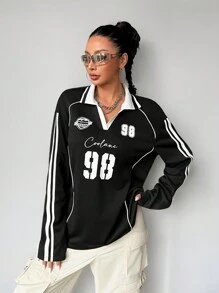 Coolane Women's Fall/Winter Streetwear Going Out Sportswear Graphics Over Size Long Sleeve Black Jersey T-Shirt - Black - View 5