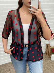 SHEIN LUNE Chaqueta corta transparente con corazón estampado para mujer de talla grande, Día de San Valentín, Amor/Amante, Corazón, Primavera, Verano, Día de San Valentín, Regalos de San Valentín, Atuendo de San Valentín