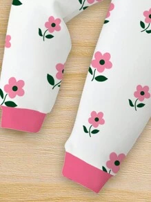 SHEIN Young Girl Cozy Floral Print Pink Tight Fit Soft & Comfortable Long Sleeve Top And Pants Homewear Outfit, Suitable For Autumn/Winter - Multicolor - View 6