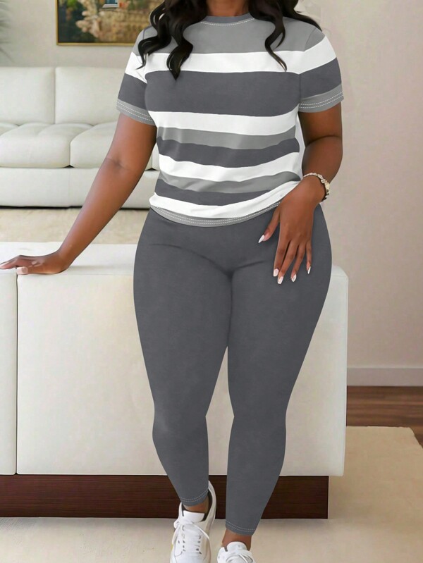 Maweii Conjunto de 2 piezas de talla grande con camiseta de manga corta con estampado de rayas y leggings, casual para el verano