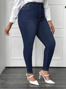 SHEIN Privé Plus Size Women's Elastic Denim Skinny Pants - Dark Wash - View 5