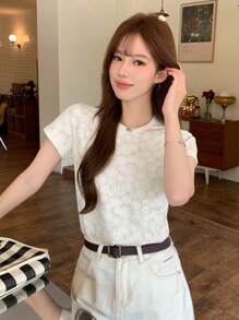 DAZY Women's Casual Textured Fabric Slightly Loose Fit T-Shirt, Summer - White - View 3