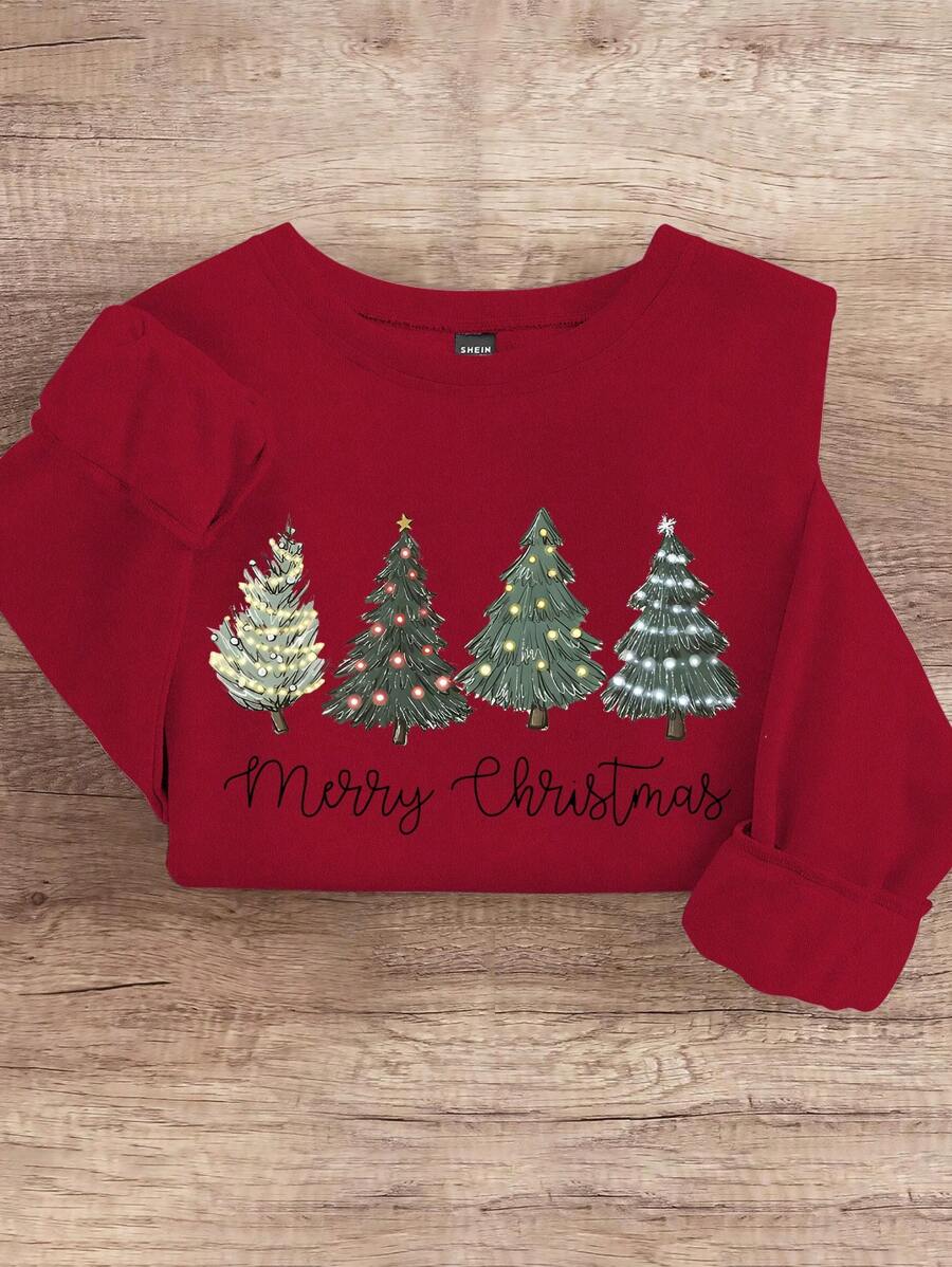 INAWLY Sudadera holgada de cuello redondo informal con decoración de árbol de Navidad con arcoíris y texto impreso, adecuada para primavera y otoño para ropa de Año Nuevo, tops de manga larga - Rojo - Ver 1