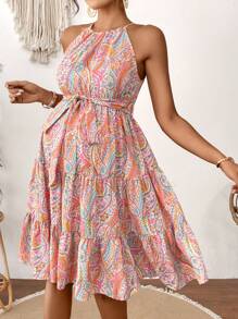 SHEIN Vestido casual corto de cuello de halter con estampado de paisley para embarazadas para la primavera - Rosa - Ver 7